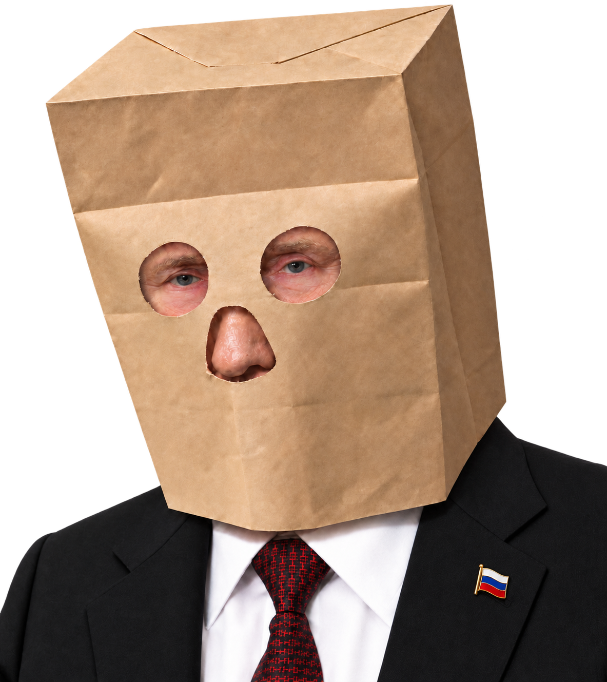 Anonymous Putin wearing a paper bag mask and black suit